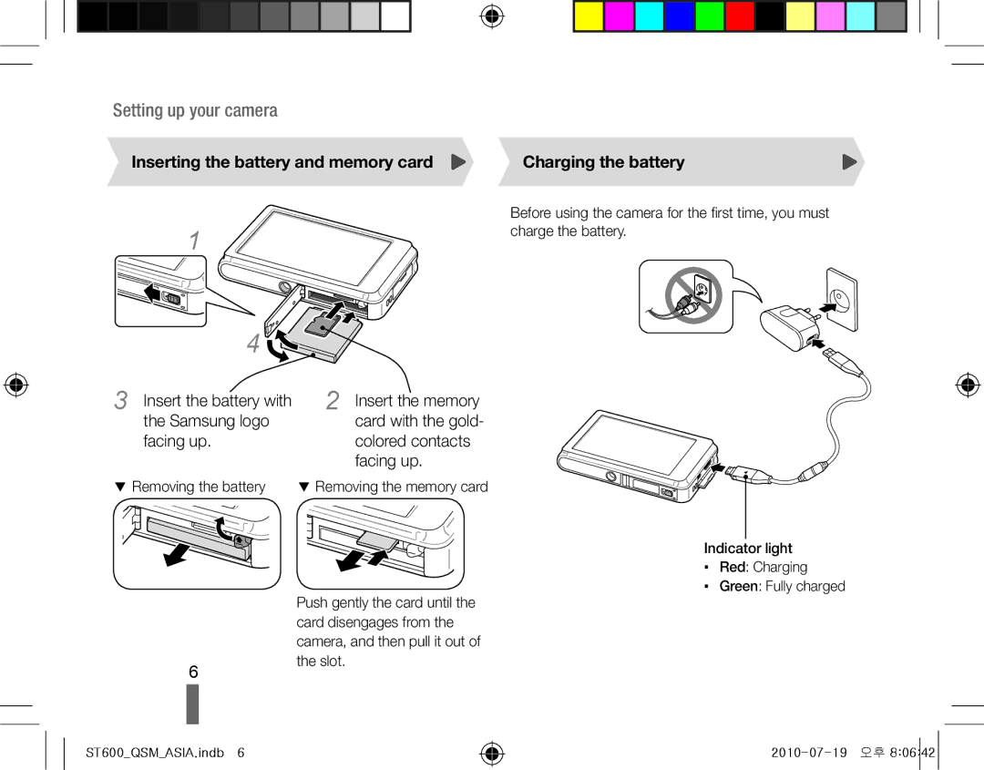 Samsung EC-ST600ZBPGE1 manual Inserting the battery and memory card, Insert the battery with Insert the memory Samsung logo 