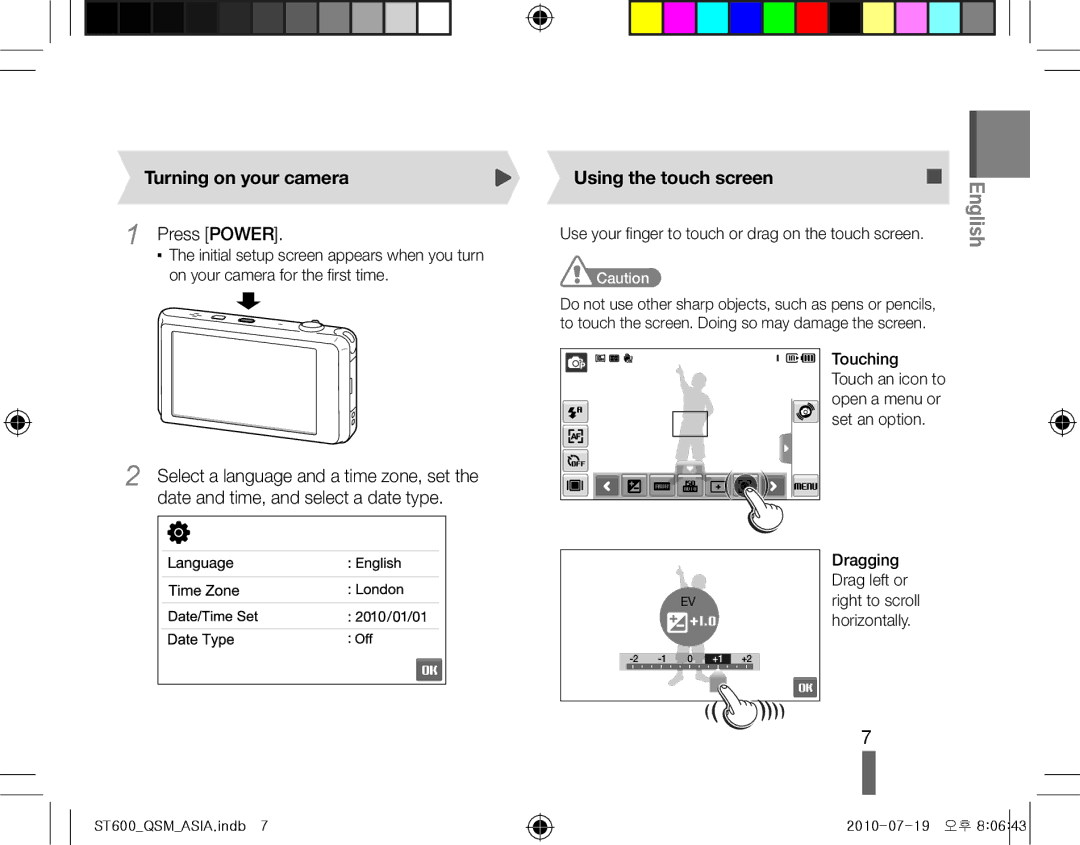 Samsung EC-ST600ZBDBVN manual Turning on your camera, Press Power, Touching Touch an icon to open a menu or set an option 