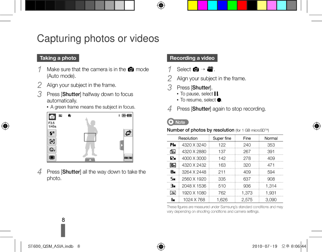 Samsung EC-ST600ZBPGE3, EC-ST600ZBPLE1, EC-ST600ZBPBE1, EC-ST600ZBPBIT, EC-ST600ZBPPIT manual Taking a photo, Recording a video 