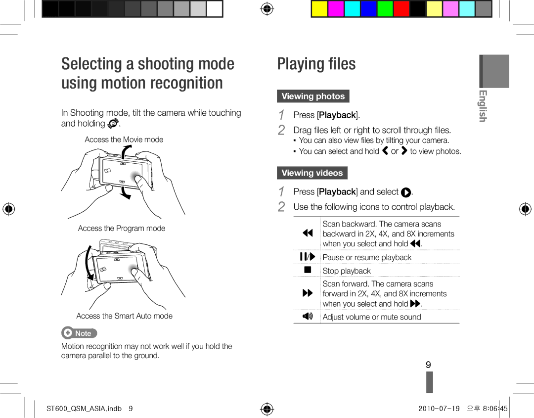 Samsung EC-ST600ZBPBE3 manual Playing files, Shooting mode, tilt the camera while touching and holding, Viewing photos 