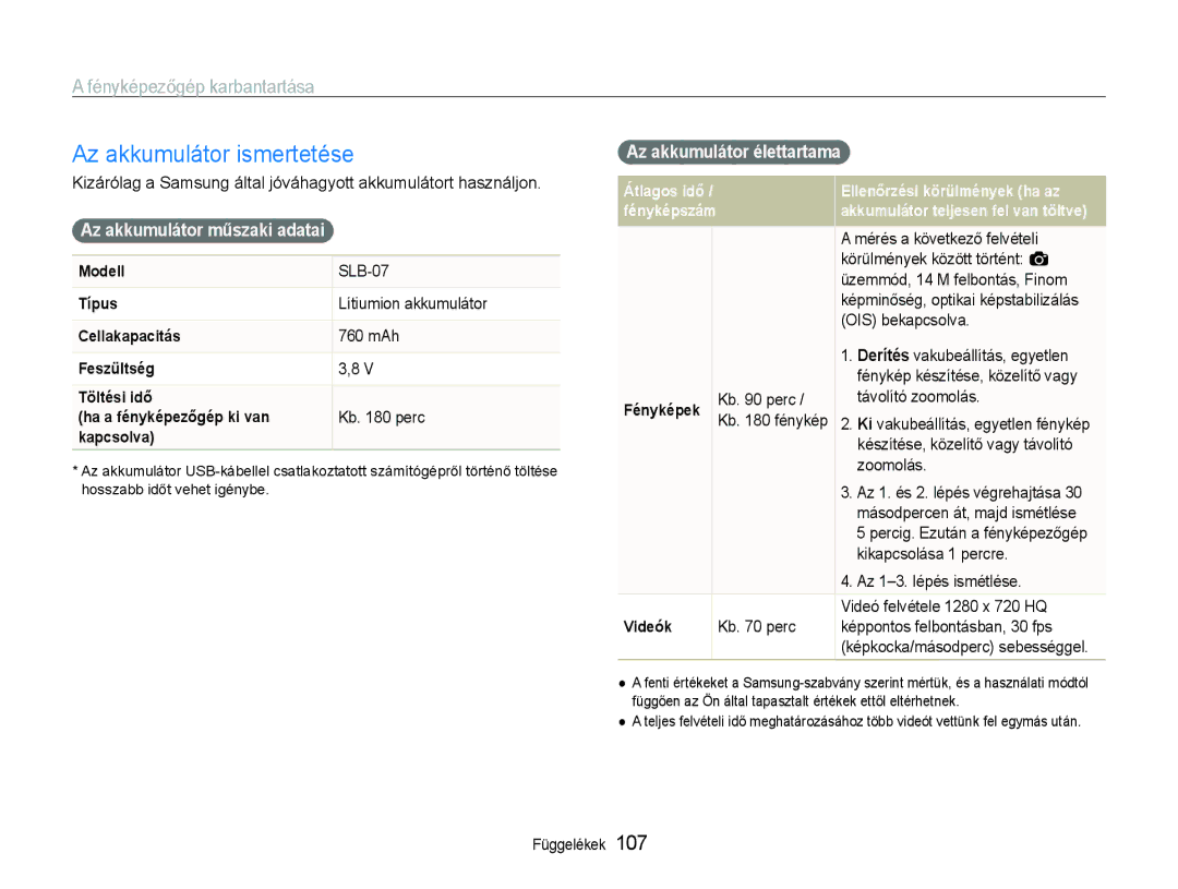 Samsung EC-ST600ZBPPIT manual Az akkumulátor ismertetése, Az akkumulátor műszaki adatai, Az akkumulátor élettartama 