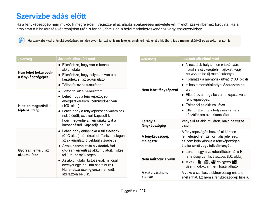 Samsung EC-ST600ZBPPIT, EC-ST600ZBPGE3, EC-ST600ZBPBE3 manual Szervizbe adás előtt 