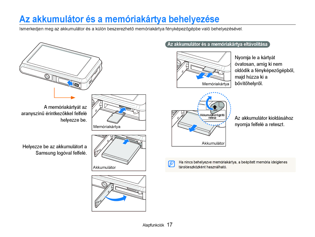 Samsung EC-ST600ZBPPIT Az akkumulátor és a memóriakártya behelyezése, Nyomja felfelé a reteszt, Az akkumulátor kioldásához 