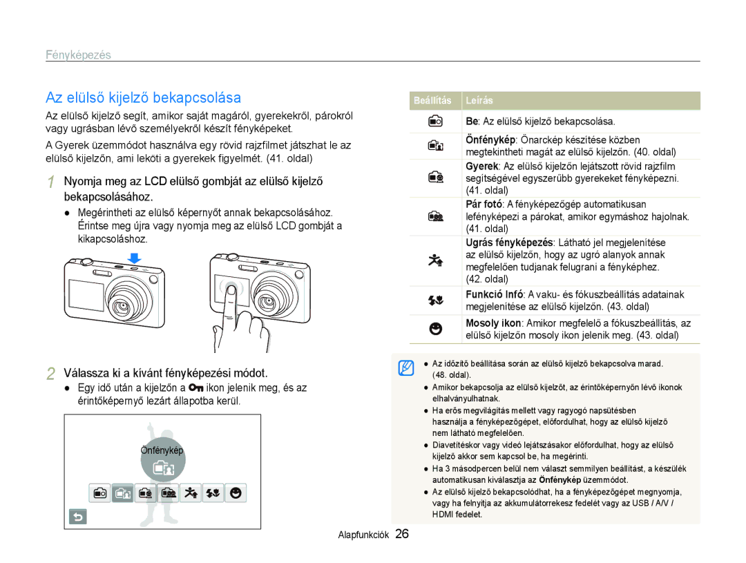 Samsung EC-ST600ZBPPIT, EC-ST600ZBPGE3 manual Az elülső kijelző bekapcsolása, Válassza ki a kívánt fényképezési módot 