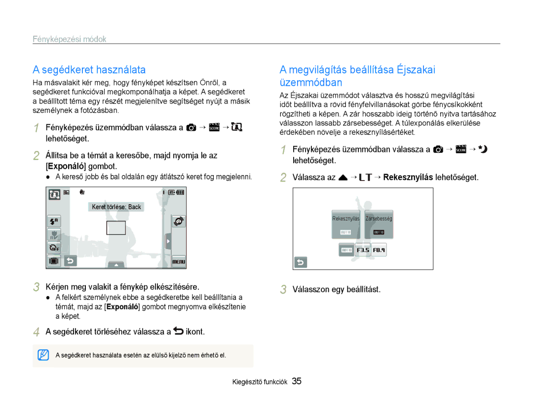 Samsung EC-ST600ZBPPIT, EC-ST600ZBPGE3 Segédkeret használata, Megvilágítás beállítása Éjszakai üzemmódban, Exponáló gombot 