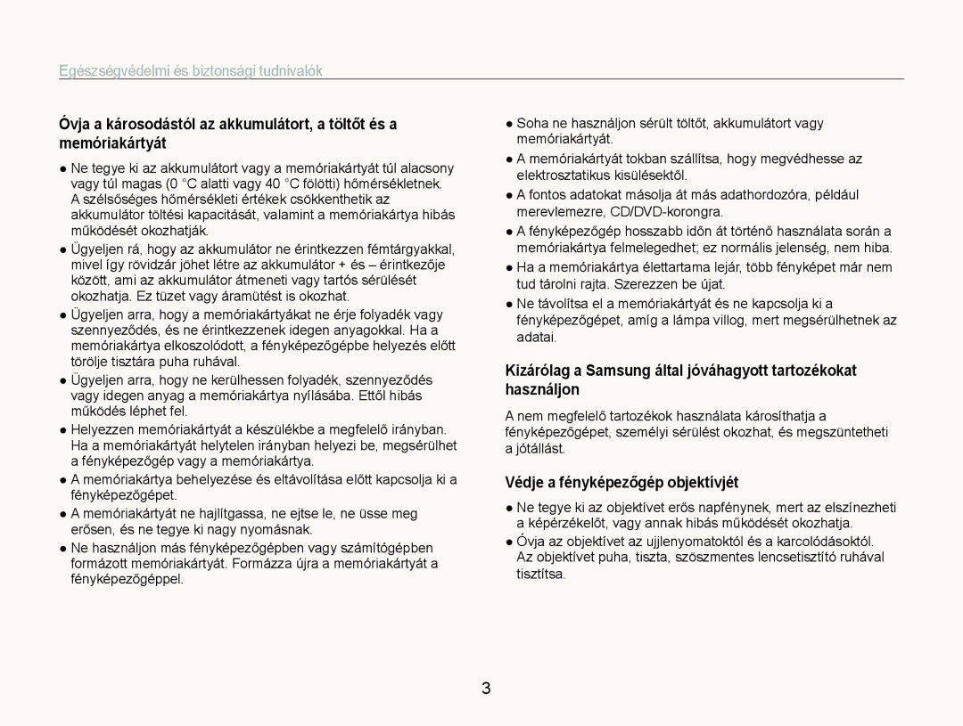 Samsung EC-ST600ZBPGE3, EC-ST600ZBPPIT, EC-ST600ZBPBE3 manual Védje a fényképezőgép objektívjét 