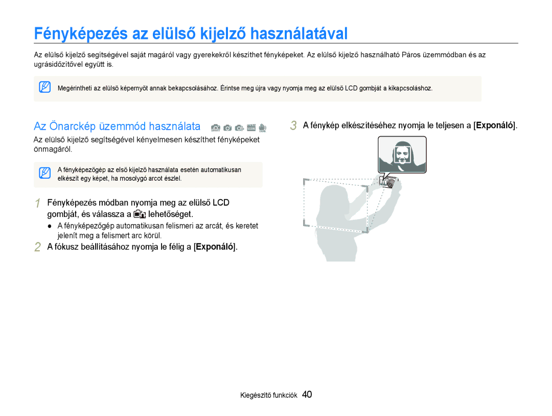 Samsung EC-ST600ZBPBE3 manual Fényképezés az elülső kijelző használatával, Az Önarckép üzemmód használata S a p s d 