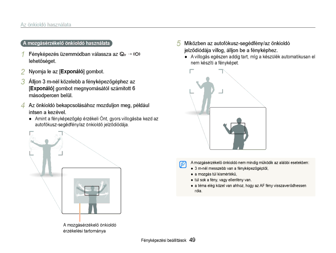 Samsung EC-ST600ZBPBE3, EC-ST600ZBPPIT manual Lehetőséget Nyomja le az Exponáló gombot, Mozgásérzékelő önkioldó használata 