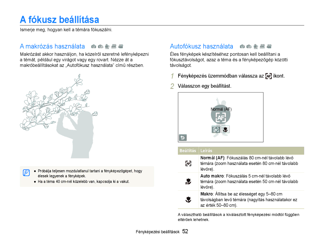 Samsung EC-ST600ZBPBE3, EC-ST600ZBPPIT manual Fókusz beállítása, Makrózás használata a p d D, Autofókusz használata a p d D 