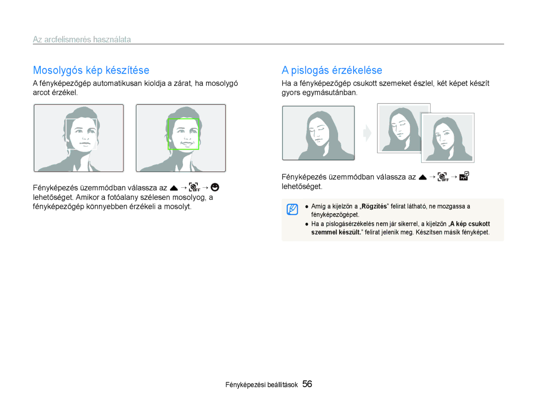 Samsung EC-ST600ZBPPIT, EC-ST600ZBPGE3 manual Mosolygós kép készítése Pislogás érzékelése, Arcot érzékel Gyors egymásutánban 