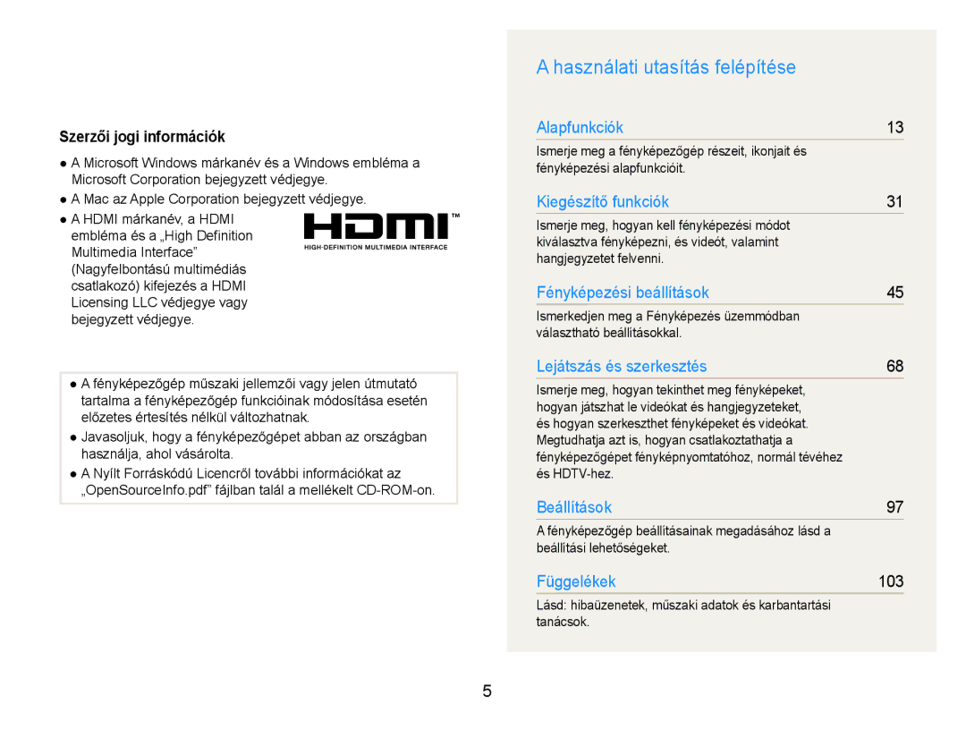 Samsung EC-ST600ZBPPIT, EC-ST600ZBPGE3, EC-ST600ZBPBE3 manual Használati utasítás felépítése 