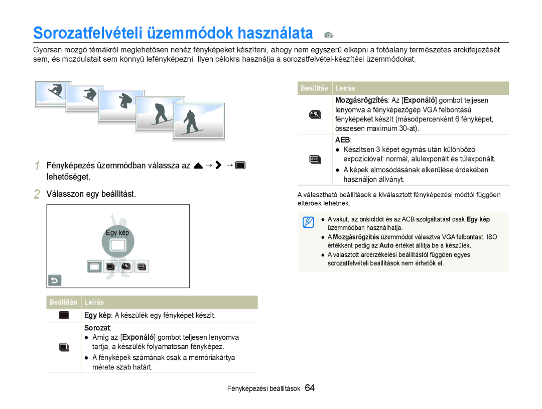 Samsung EC-ST600ZBPBE3, EC-ST600ZBPPIT, EC-ST600ZBPGE3 manual Sorozatfelvételi üzemmódok használata p 