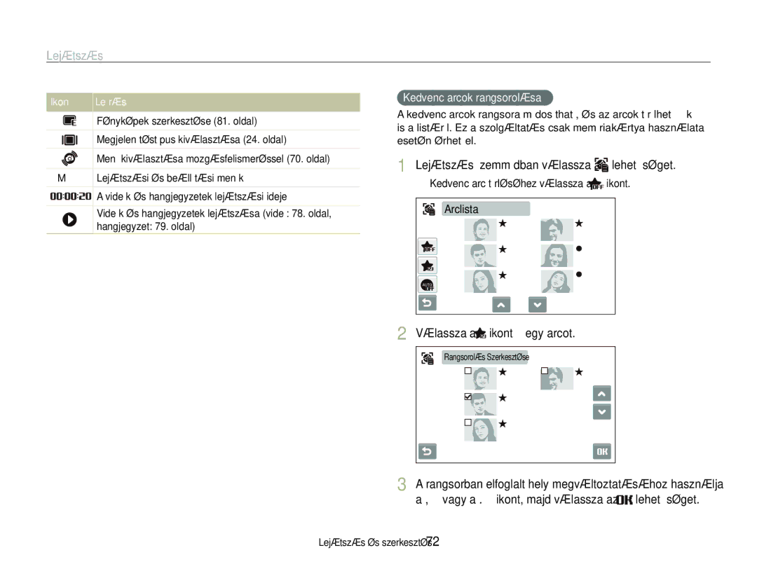 Samsung EC-ST600ZBPGE3, EC-ST600ZBPPIT manual Lejátszás üzemmódban válassza a lehetőséget, Válassza a ikont “ egy arcot 