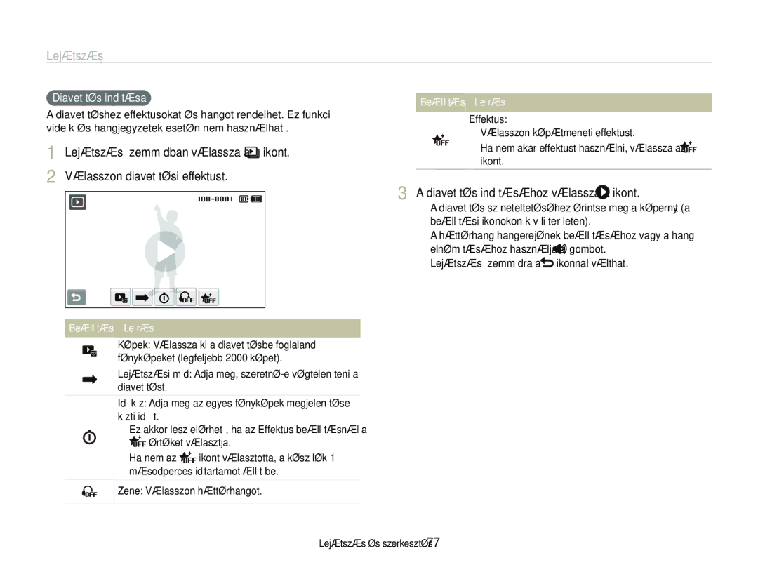 Samsung EC-ST600ZBPPIT manual Diavetítés indításához válassza a, Diavetítés indítása, Zene Válasszon háttérhangot, Effektus 