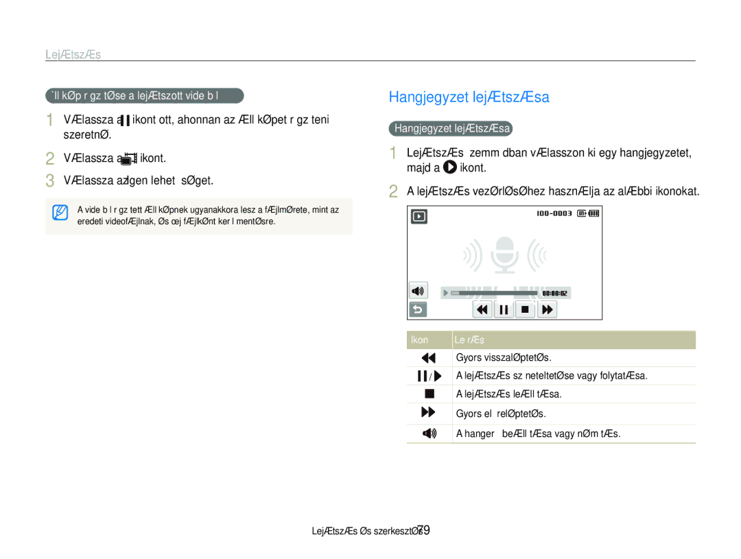 Samsung EC-ST600ZBPBE3, EC-ST600ZBPPIT, EC-ST600ZBPGE3 manual Hangjegyzet lejátszása, Válassza a Ikont 