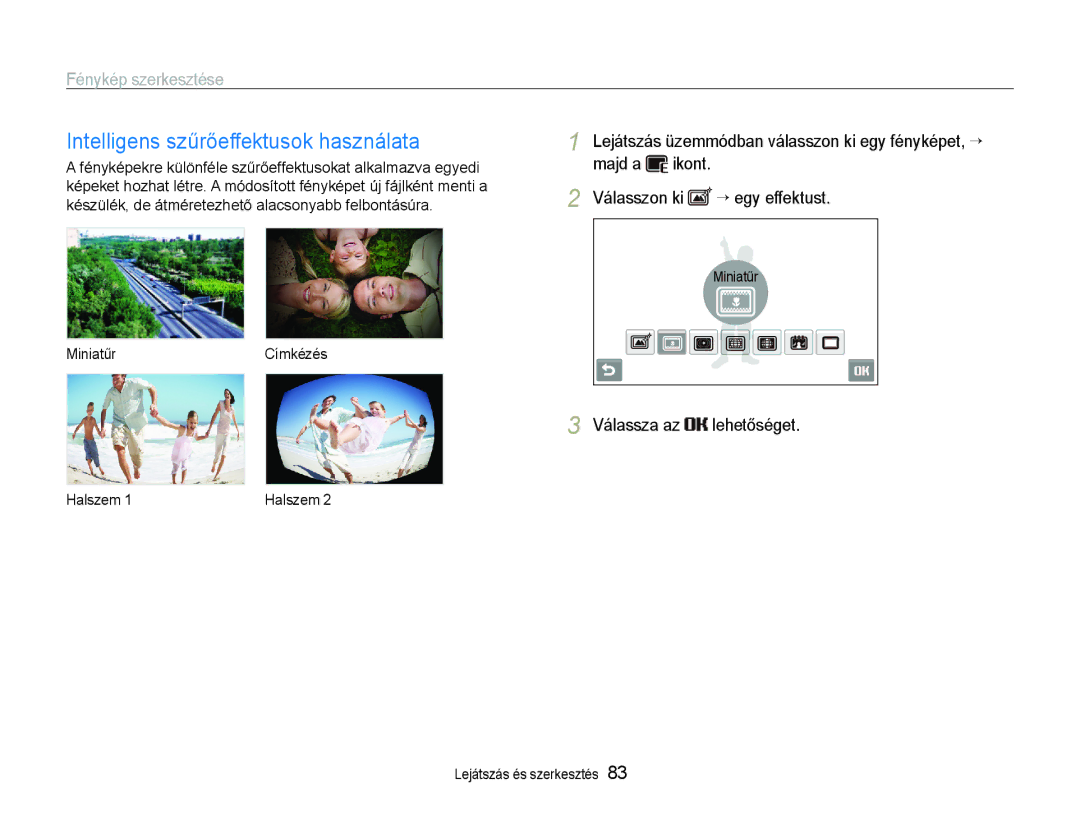 Samsung EC-ST600ZBPPIT, EC-ST600ZBPGE3, EC-ST600ZBPBE3 manual Intelligens szűrőeffektusok használata, MiniatűrCímkézés 