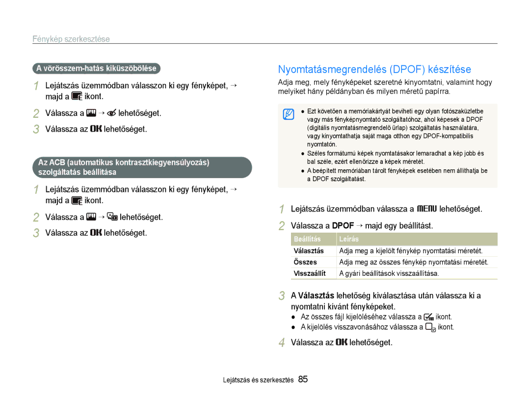 Samsung EC-ST600ZBPBE3, EC-ST600ZBPPIT, EC-ST600ZBPGE3 manual Vörösszem-hatás kiküszöbölése, Gyári beállítások visszaállítása 