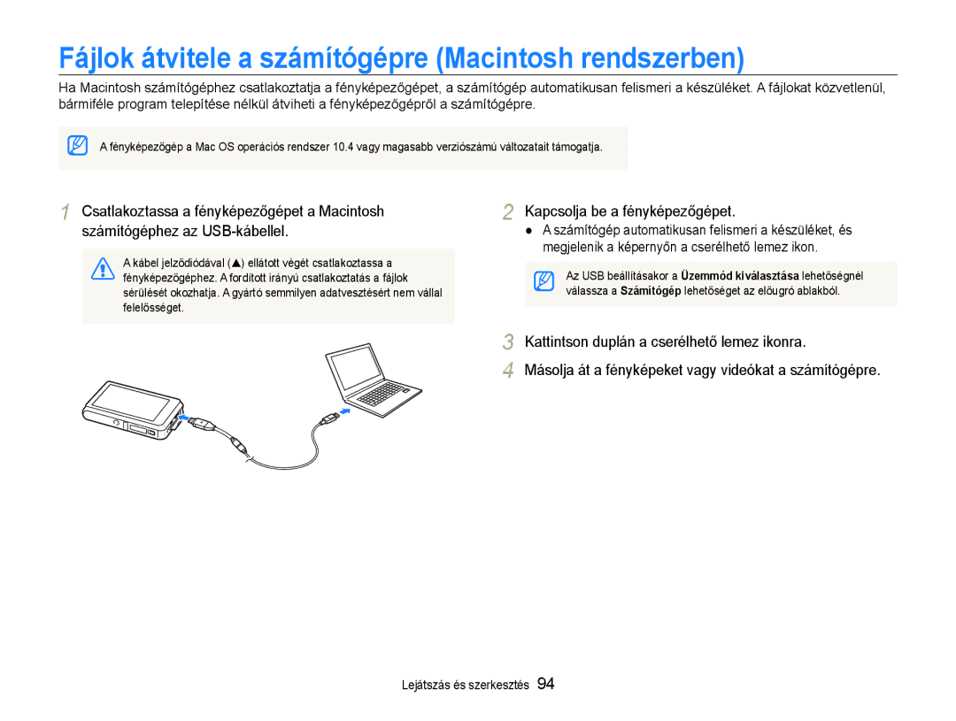 Samsung EC-ST600ZBPBE3, EC-ST600ZBPPIT, EC-ST600ZBPGE3 manual Fájlok átvitele a számítógépre Macintosh rendszerben 