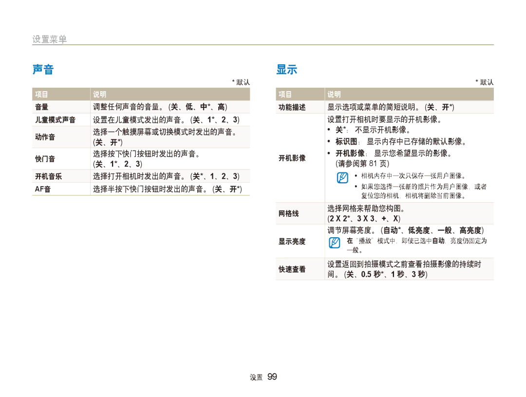 Samsung EC-ST600ZBPGE3, EC-ST600ZBPPIT, EC-ST600ZBPBE3 调整任何声音的音量。 关、低、中*、高, 网格线 选择网格来帮助您构图。, 调节屏幕亮度。 自动*、低亮度、一般、高亮度, 显示亮度 