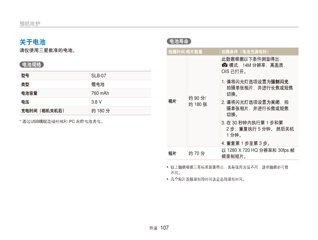 Samsung EC-ST600ZBPPIT, EC-ST600ZBPGE3, EC-ST600ZBPBE3 manual 关于电池 