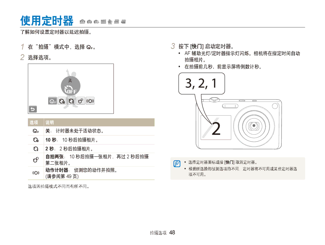 Samsung EC-ST600ZBPGE3, EC-ST600ZBPPIT, EC-ST600ZBPBE3 manual 在拍摄模式中，选择 。 2 选择选项。, 按下 快门 启动定时器。 