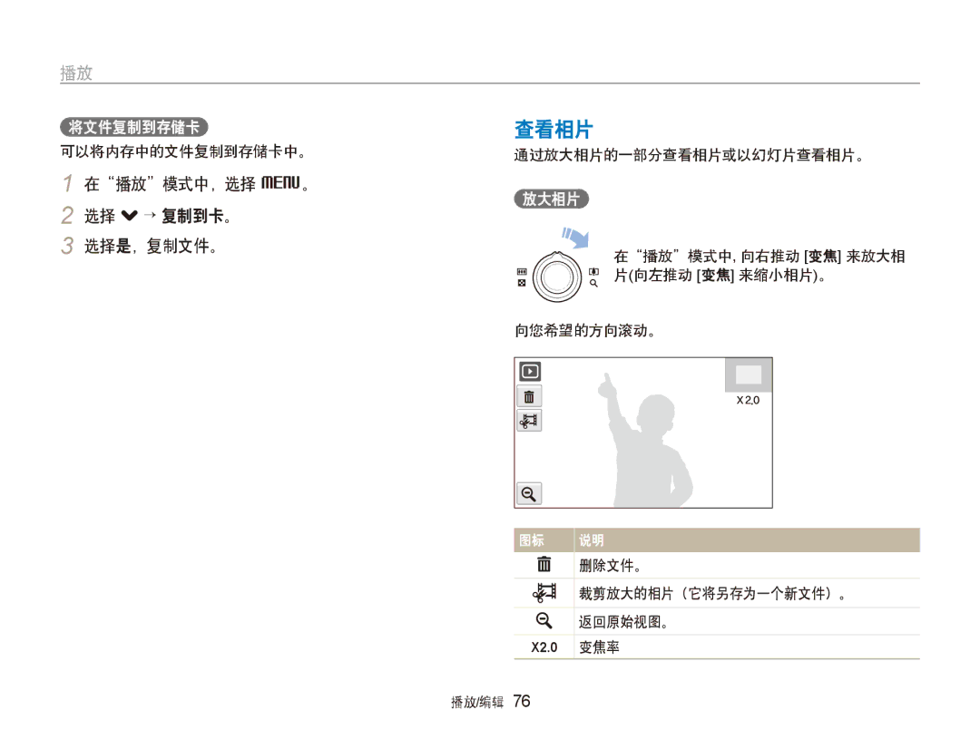 Samsung EC-ST600ZBPBE3, EC-ST600ZBPPIT 在播放模式中，选择 M。, 选择 . → 复制到卡。 选择是，复制文件。, 可以将内存中的文件复制到存储卡中。通过放大相片的一部分查看相片或以幻灯片查看相片。 