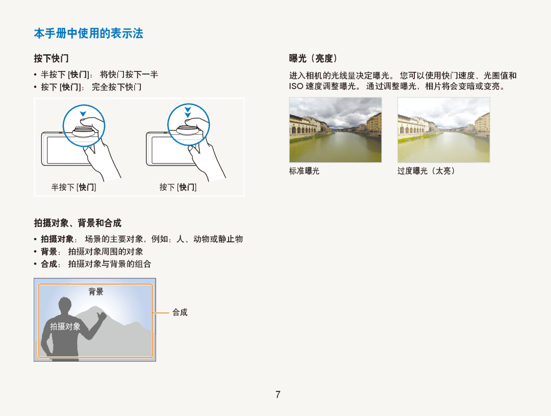 Samsung EC-ST600ZBPBE3, EC-ST600ZBPPIT, EC-ST600ZBPGE3 manual 本手册中使用的表示法, 按下快门, 拍摄对象、背景和合成, 曝光（亮度） 