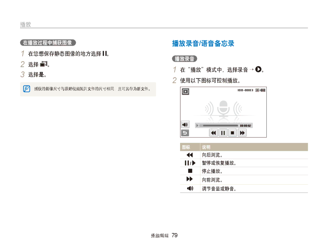 Samsung EC-ST600ZBPBE3, EC-ST600ZBPPIT, EC-ST600ZBPGE3 播放录音/语音备忘录, 在您想保存静态图像的地方选择 。 选择是。, 在播放模式中，选择录音 → 。 2 使用以下图标可控制播放。 