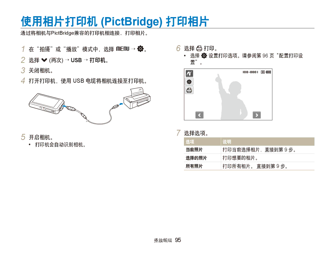 Samsung EC-ST600ZBPPIT 在拍摄或播放模式中，选择 M → 。 打印。, 关闭相机。 打开打印机，使用 Usb 电缆将相机连接至打印机。 开启相机。, 通过将相机与PictBridge兼容的打印机相连接，打印相片。 