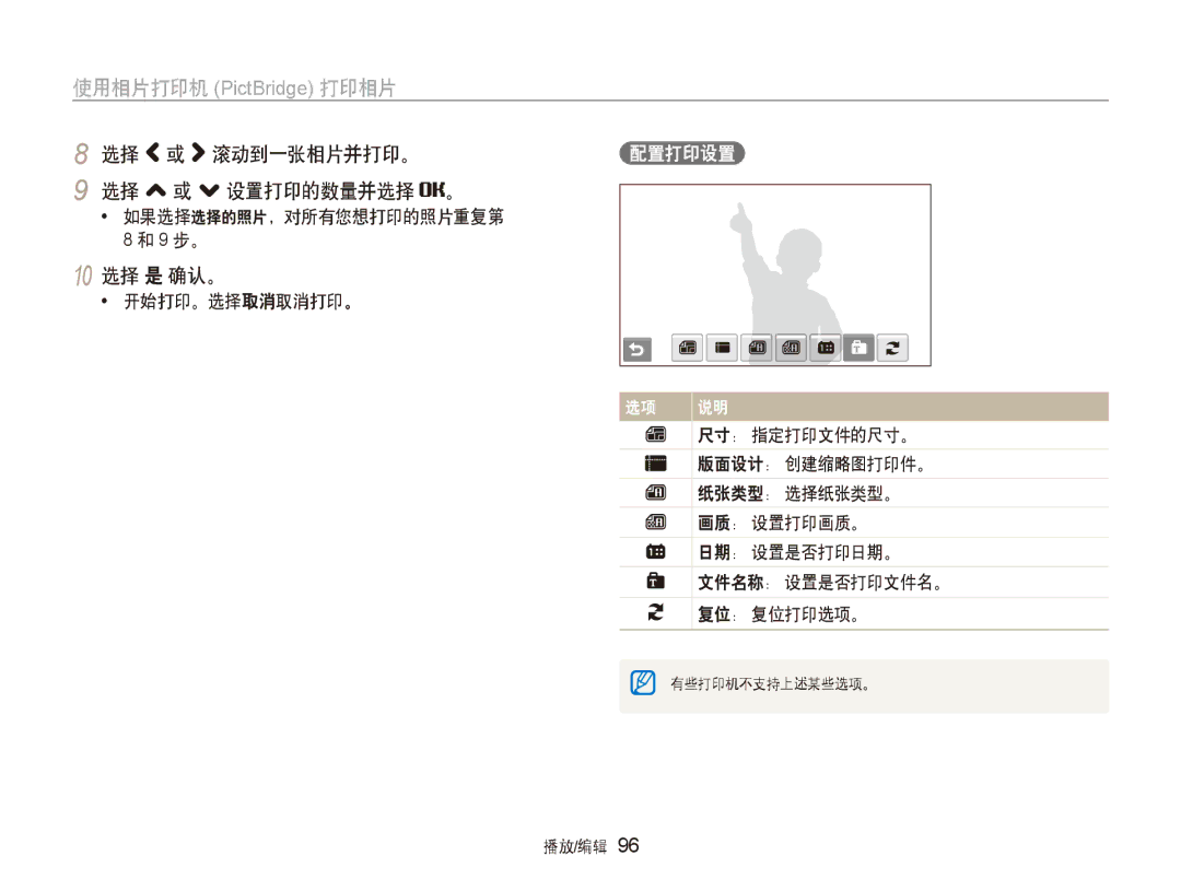 Samsung EC-ST600ZBPGE3, EC-ST600ZBPPIT, EC-ST600ZBPBE3 manual 选择 或 滚动到一张相片并打印。, 选择 , 或 . 设置打印的数量并选择 。, 10 选择 是 确认。 