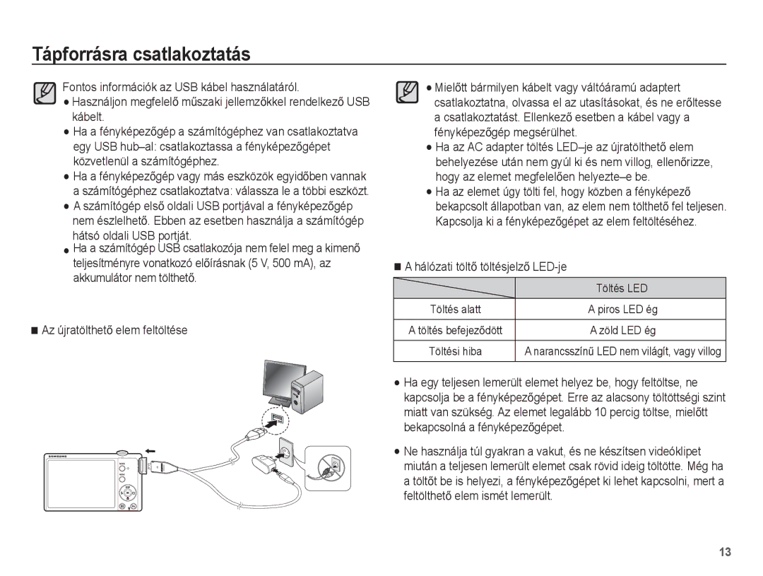 Samsung EC-ST60ZZBPRIT, EC-ST60ZZBPBE1 manual Az újratölthetĘ elem feltöltése, Hálózati töltĘ töltésjelzĘ LED-je, Töltés LED 