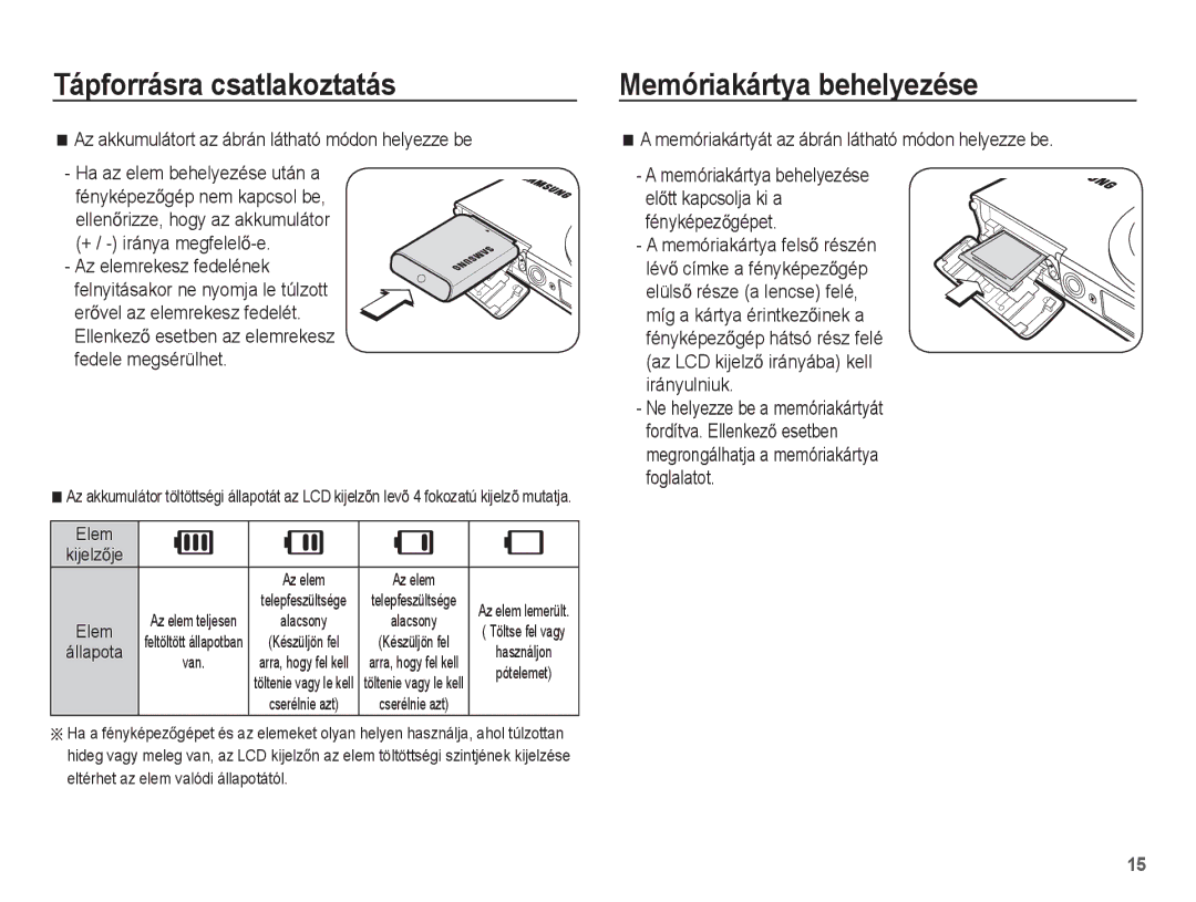 Samsung EC-ST60ZZBPRE3 manual Memóriakártya behelyezése, Az akkumulátort az ábrán látható módon helyezze be, Elem KijelzĘje 