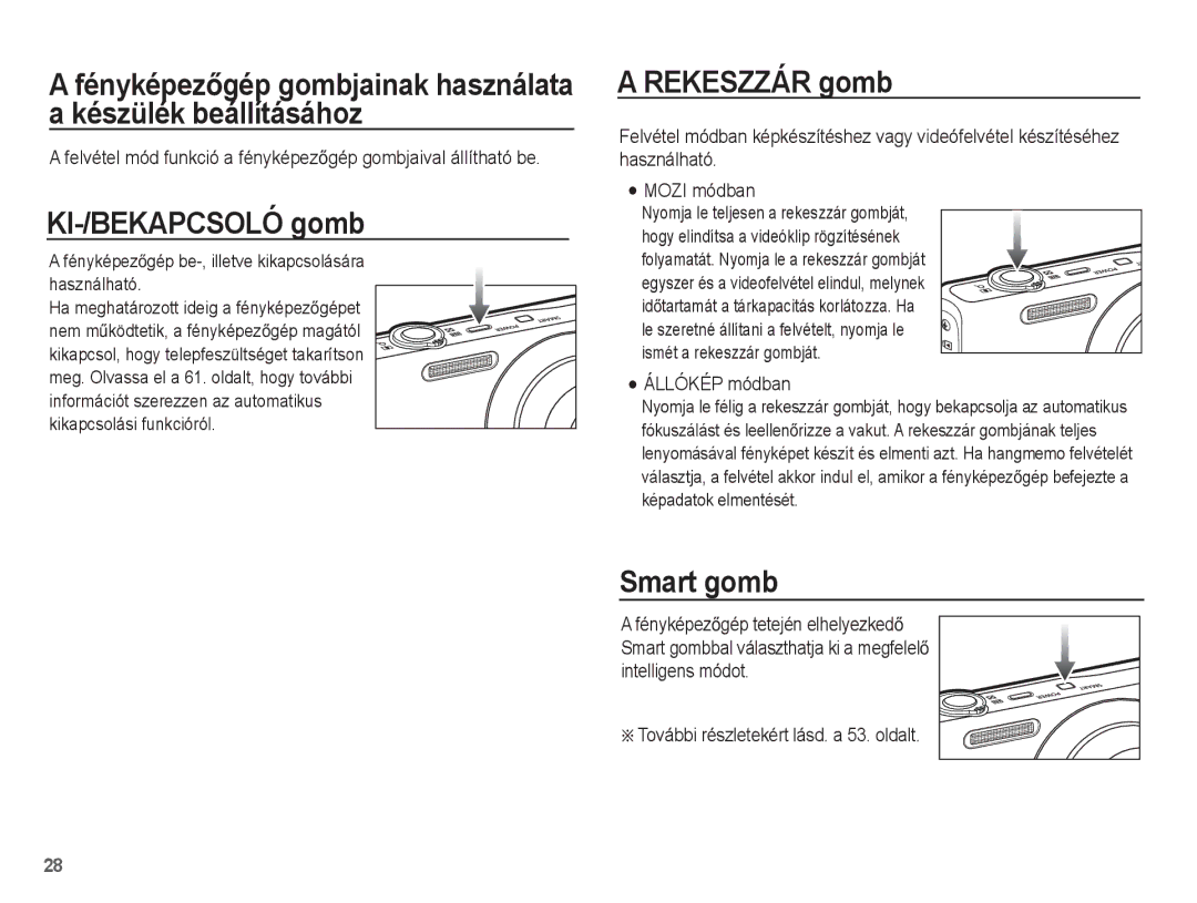 Samsung EC-ST60ZZBPBE3, EC-ST60ZZBPBE1, EC-ST60ZZBPSIT manual KI-/BEKAPCSOLÓ gomb, Rekeszzár gomb, Smart gomb, Állókép módban 