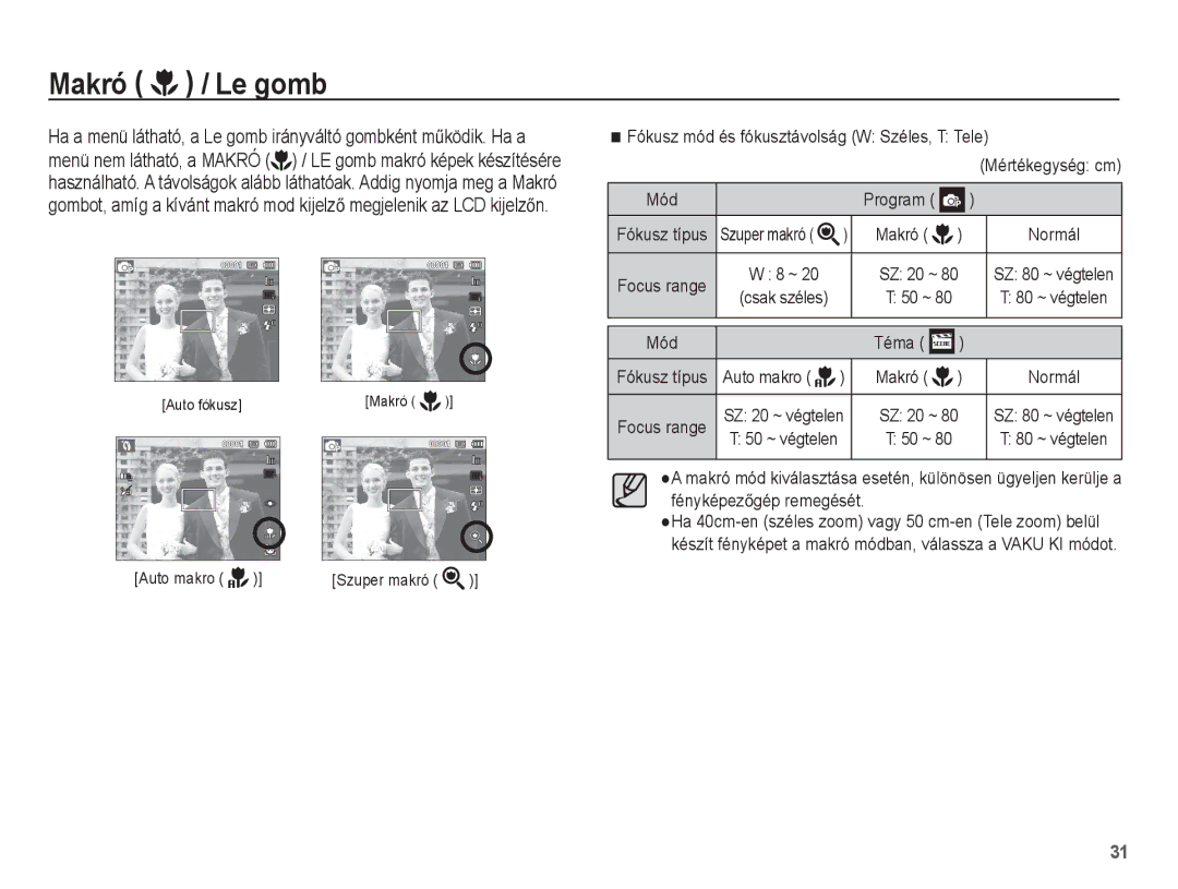 Samsung EC-ST60ZZBPLE2, EC-ST60ZZBPBE1 manual Makró / Le gomb, Fókusz mód és fókusztávolság W Széles, T Tele, Mód, Téma 