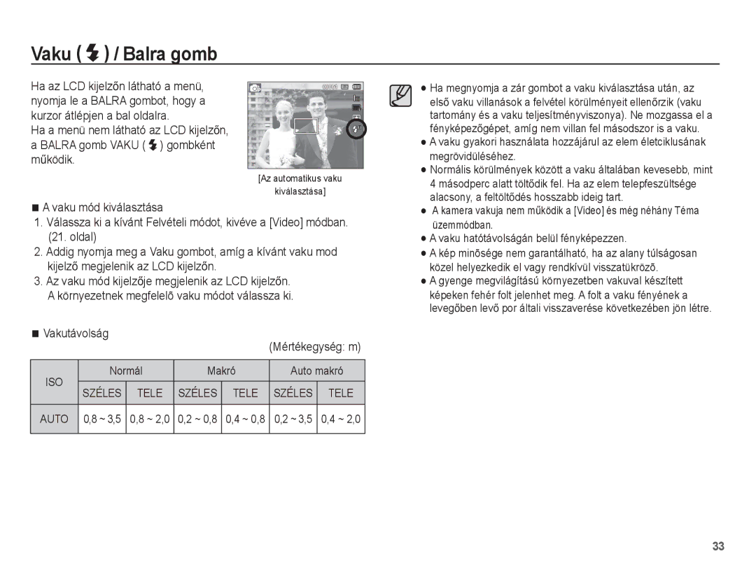 Samsung EC-ST60ZZBPBE2, EC-ST60ZZBPBE1, EC-ST60ZZBPSIT manual Vaku / Balra gomb, Vakutávolság, Normál Makró Auto makró 