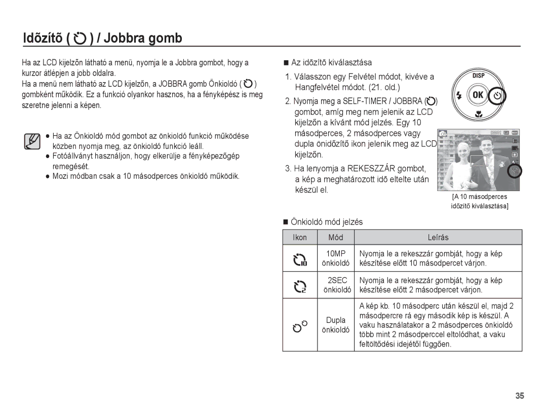 Samsung EC-ST60ZZBPBE1, EC-ST60ZZBPSIT, EC-ST60ZZBPRIT manual Idõzítõ / Jobbra gomb, Az idõzítõ kiválasztása, Ikon Mód 