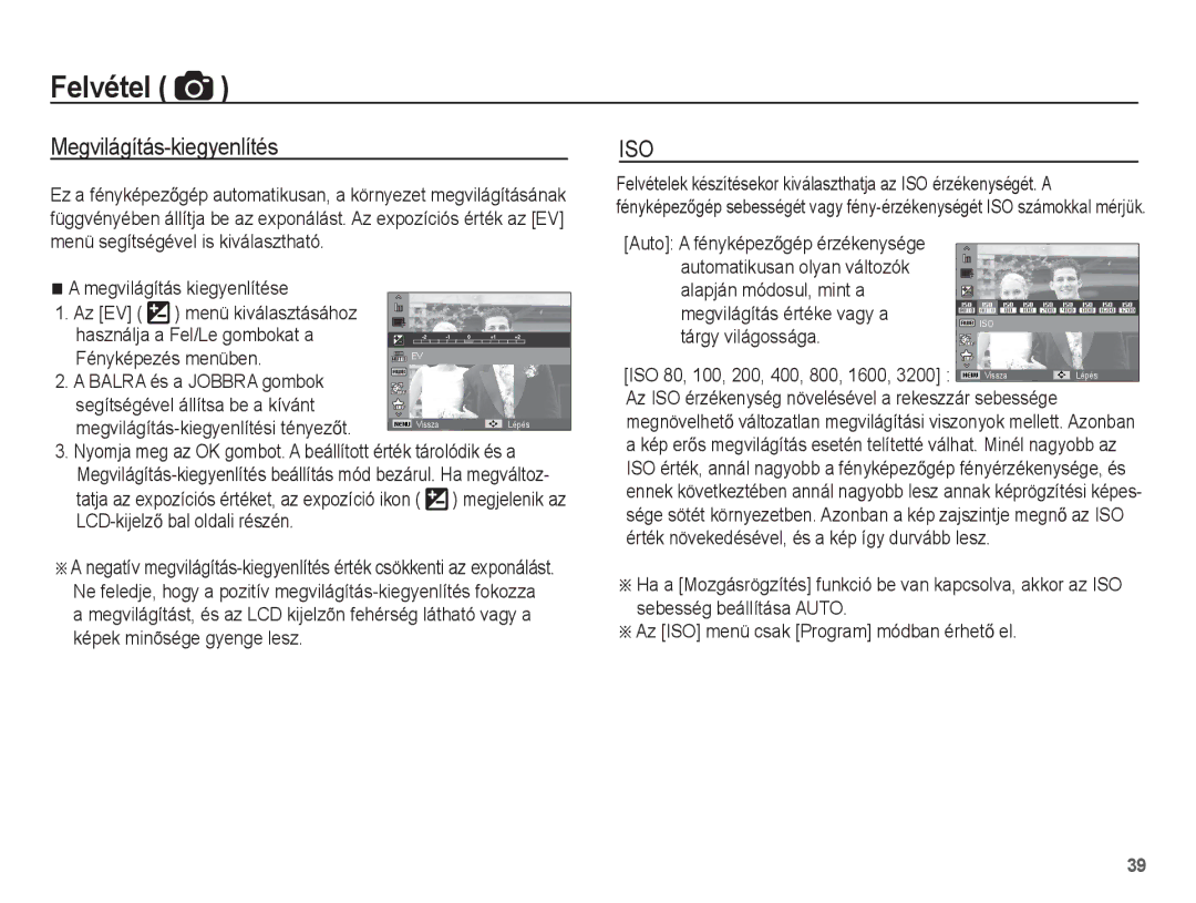 Samsung EC-ST60ZZBPRE3, EC-ST60ZZBPBE1, EC-ST60ZZBPSIT, EC-ST60ZZBPRIT, EC-ST60ZZBPBIT manual Megvilágítás-kiegyenlítés, Iso 