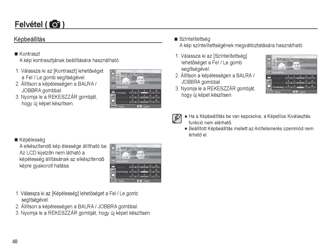 Samsung EC-ST60ZZBPSIT Képbeállítás, Állítson a képélességen a Balra / Jobbra gombbal, Hogy új képet készítsen, Képélesség 