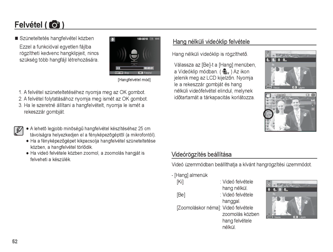 Samsung EC-ST60ZZBPBE3, EC-ST60ZZBPBE1, EC-ST60ZZBPSIT manual Hang nélküli videóklip felvétele, Videórögzítés beállítása 