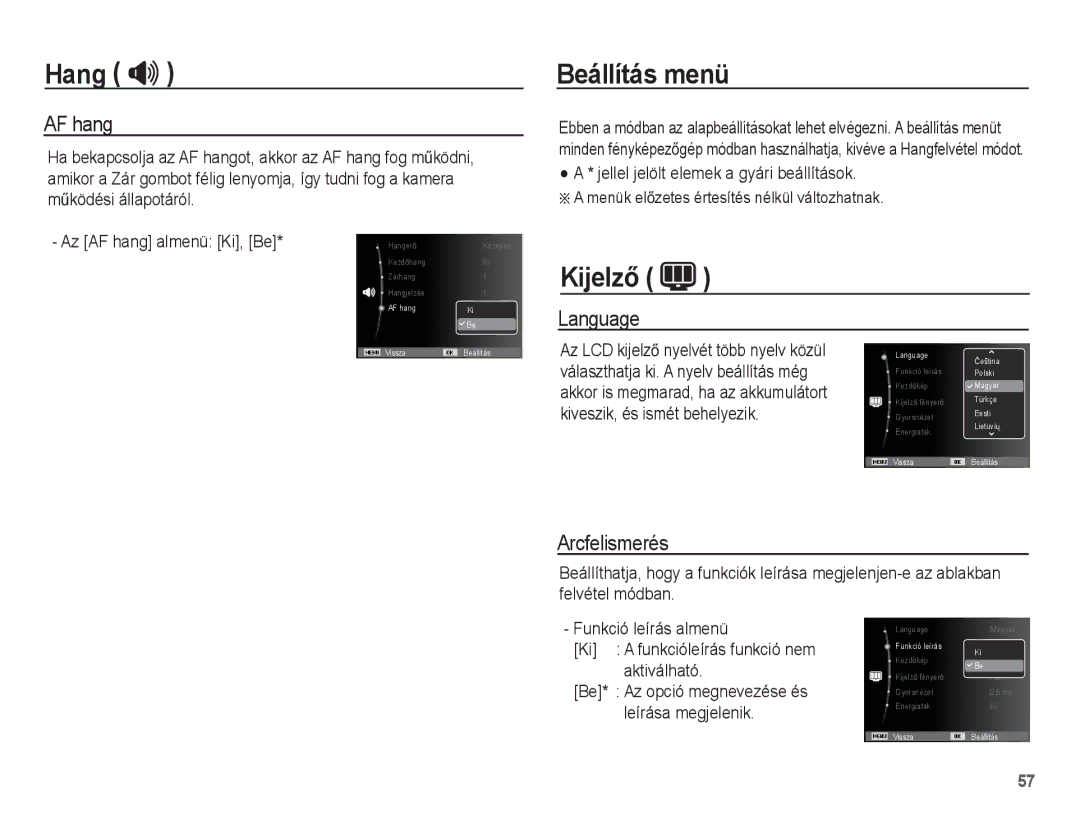 Samsung EC-ST60ZZBPBE2 manual Beállítás menü, KijelzĘ, AF hang, Language, Jellel jelölt elemek a gyári beállítások 