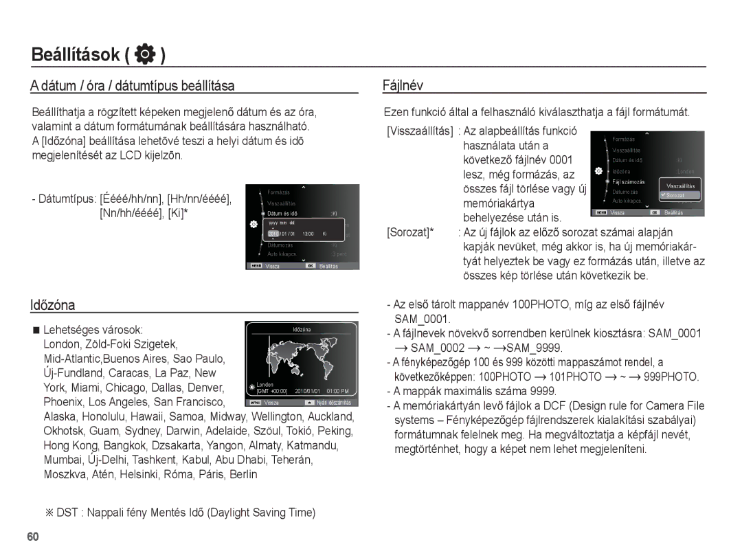 Samsung EC-ST60ZZBPSIT, EC-ST60ZZBPBE1, EC-ST60ZZBPRIT, EC-ST60ZZBPBIT Dátum / óra / dátumtípus beállítása, IdĘzóna, Fájlnév 