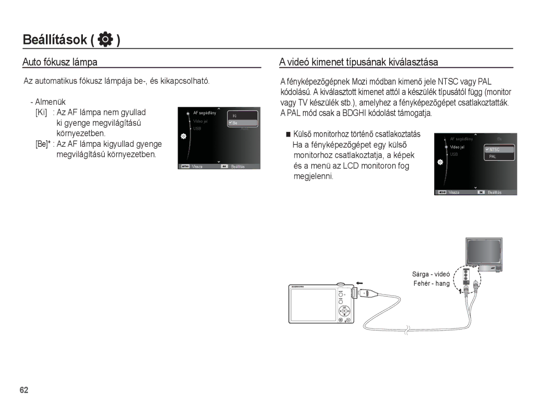 Samsung EC-ST60ZZBPBIT, EC-ST60ZZBPBE1 manual Auto fókusz lámpa, Videó kimenet típusának kiválasztása, Környezetben 