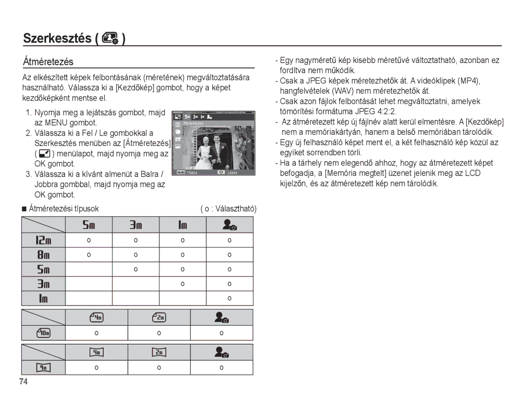 Samsung EC-ST60ZZBPBIT, EC-ST60ZZBPBE1, EC-ST60ZZBPSIT, EC-ST60ZZBPRIT, EC-ST60ZZBPRE3 manual Szerkesztés, Átméretezés 