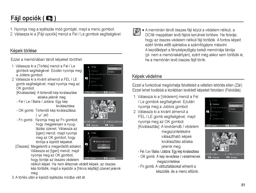 Samsung EC-ST60ZZBPBE2, EC-ST60ZZBPBE1, EC-ST60ZZBPSIT, EC-ST60ZZBPRIT manual Fájl opciók, Képek törlése, Képek védelme 