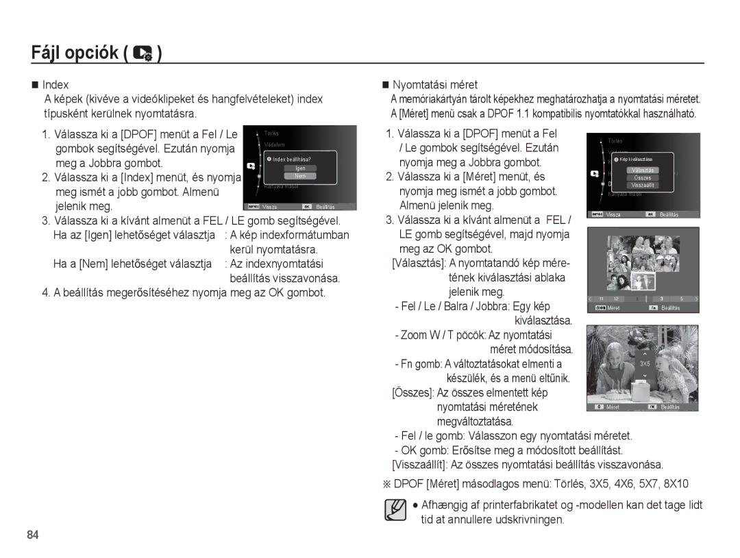 Samsung EC-ST60ZZBPSIT Index, Kerül nyomtatásra, Az indexnyomtatási, Válassza ki a Méret menüt, és, Almenü jelenik meg 