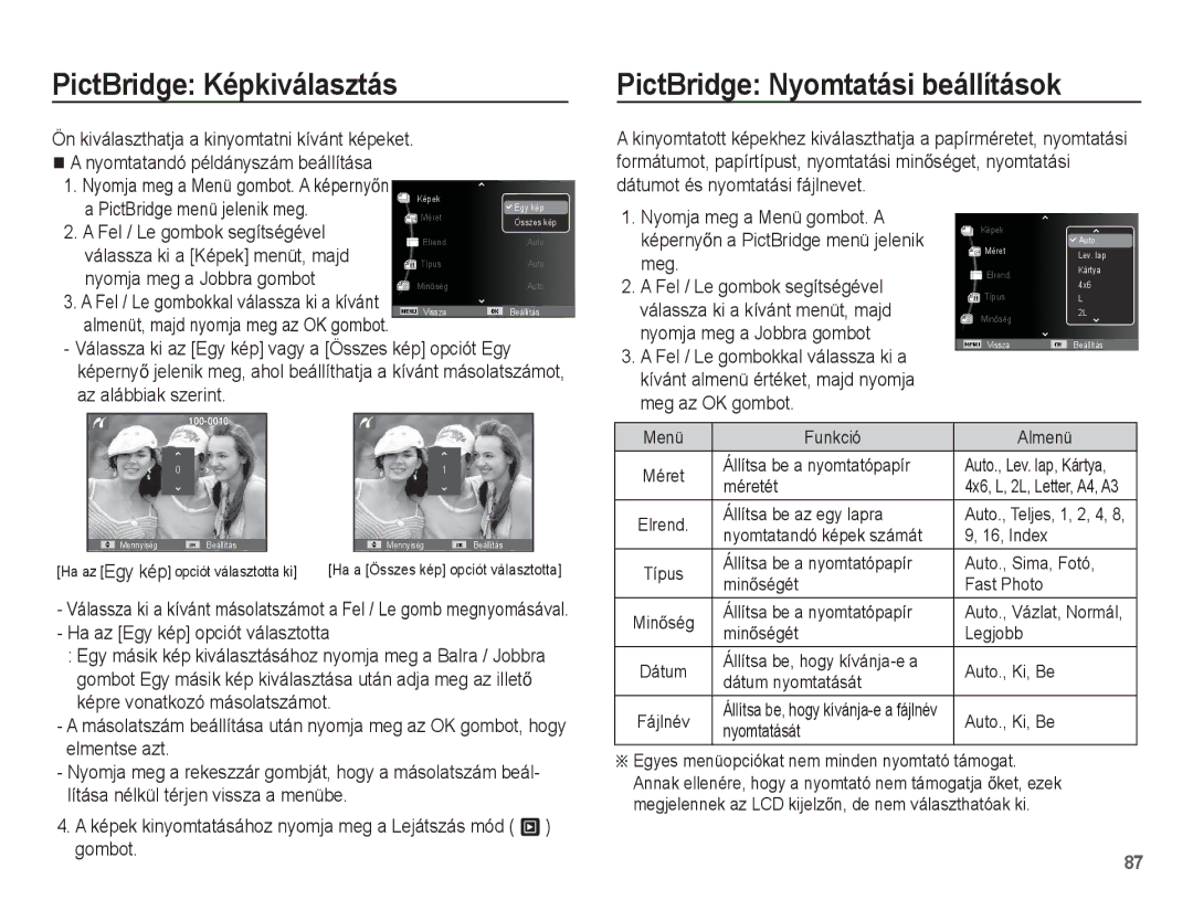 Samsung EC-ST60ZZBPRE3 PictBridge Képkiválasztás, PictBridge Nyomtatási beállítások, Nyomja meg a Menü gombot. a képernyĘn 