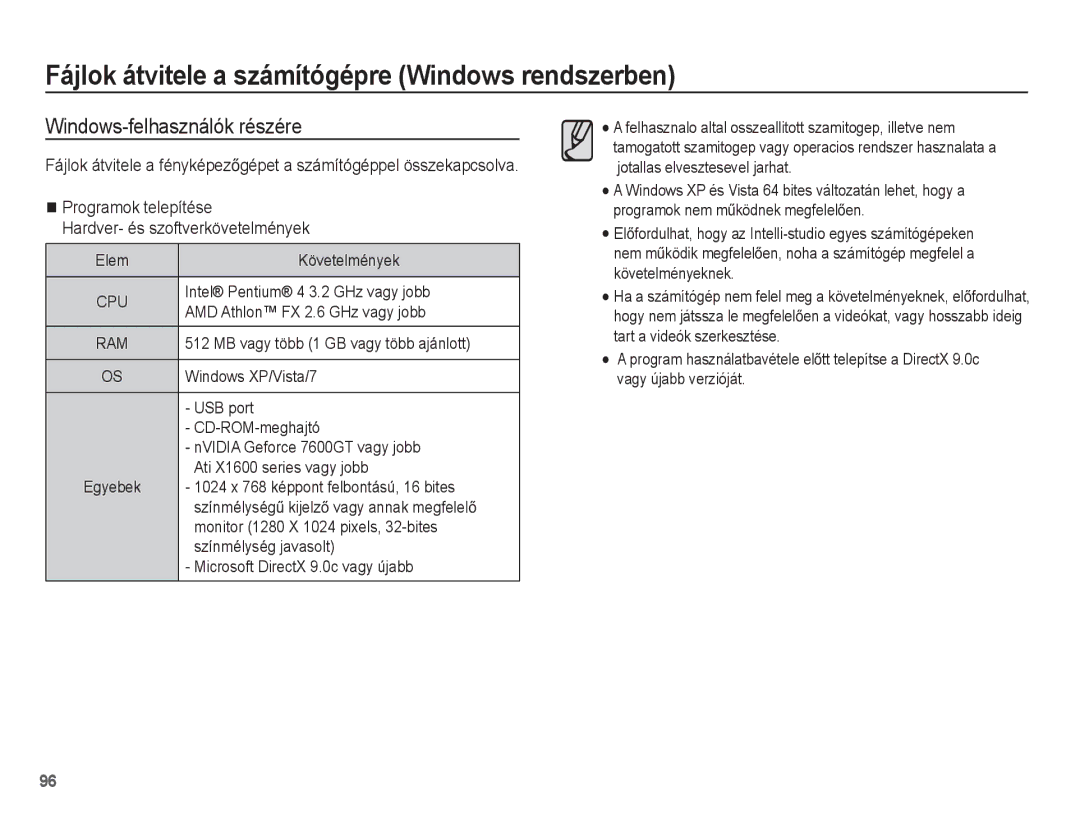 Samsung EC-ST60ZZBPSIT, EC-ST60ZZBPBE1 Fájlok átvitele a számítógépre Windows rendszerben, Windows-felhasználók részére 