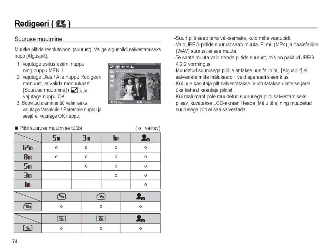 Samsung EC-ST60ZZBPLRU, EC-ST60ZZBPBE2, EC-ST60ZZBPSE2, EC-ST60ZZBPRRU, EC-ST60ZZBPSRU manual Suuruse muutmine, Vormingus 