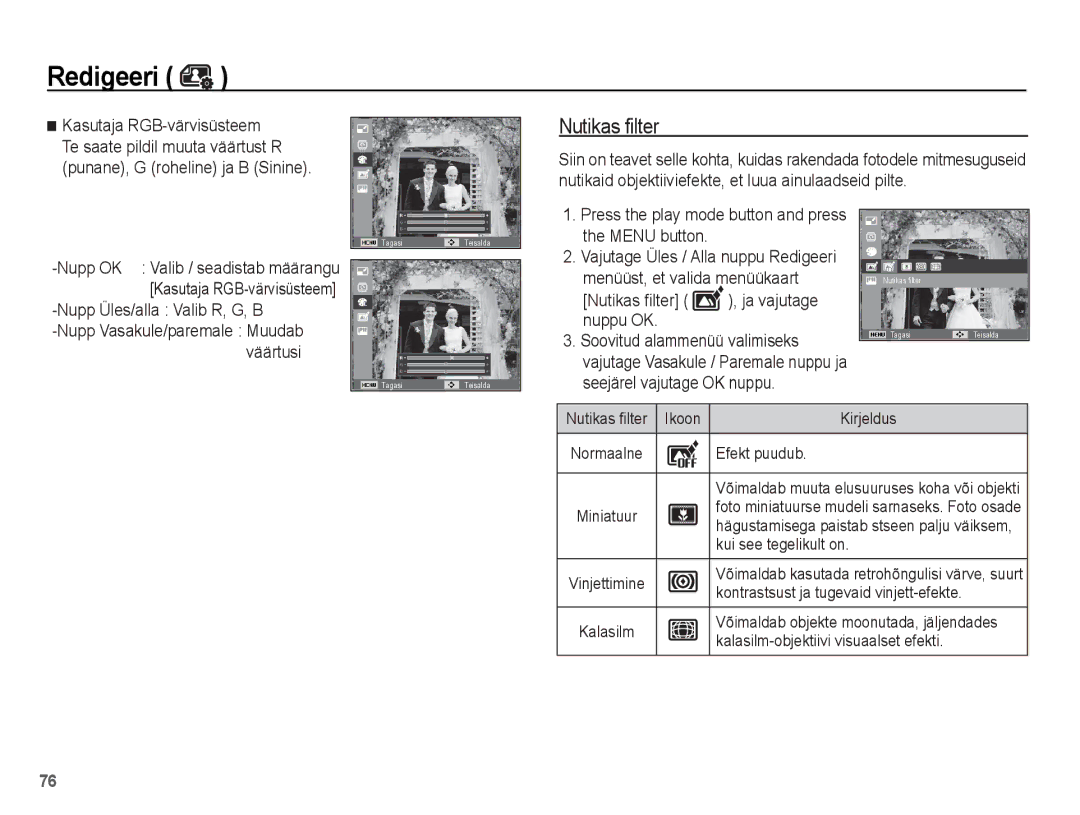 Samsung EC-ST60ZZBPBRU Nutikas filter, Nupp Üles/alla Valib R, G, B, Press the play mode button and press the Menu button 