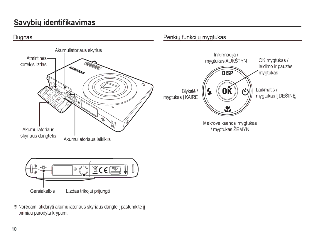 Samsung EC-ST60ZZBPBRU manual Dugnas Penkiǐ funkcijǐ mygtukas, Akumuliatoriaus skyrius, Informacija Mygtukas Aukštyn 